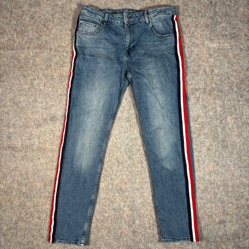 ASOS Side Stripe Slim Jeans Mens 34x30 Blue Denim Red White Blue Trim Excellent‎
